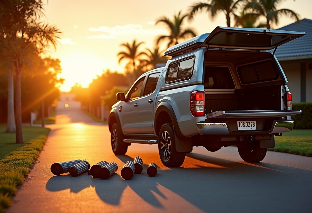 Technician ute with parts laid out at sunset — Varsity Lakes